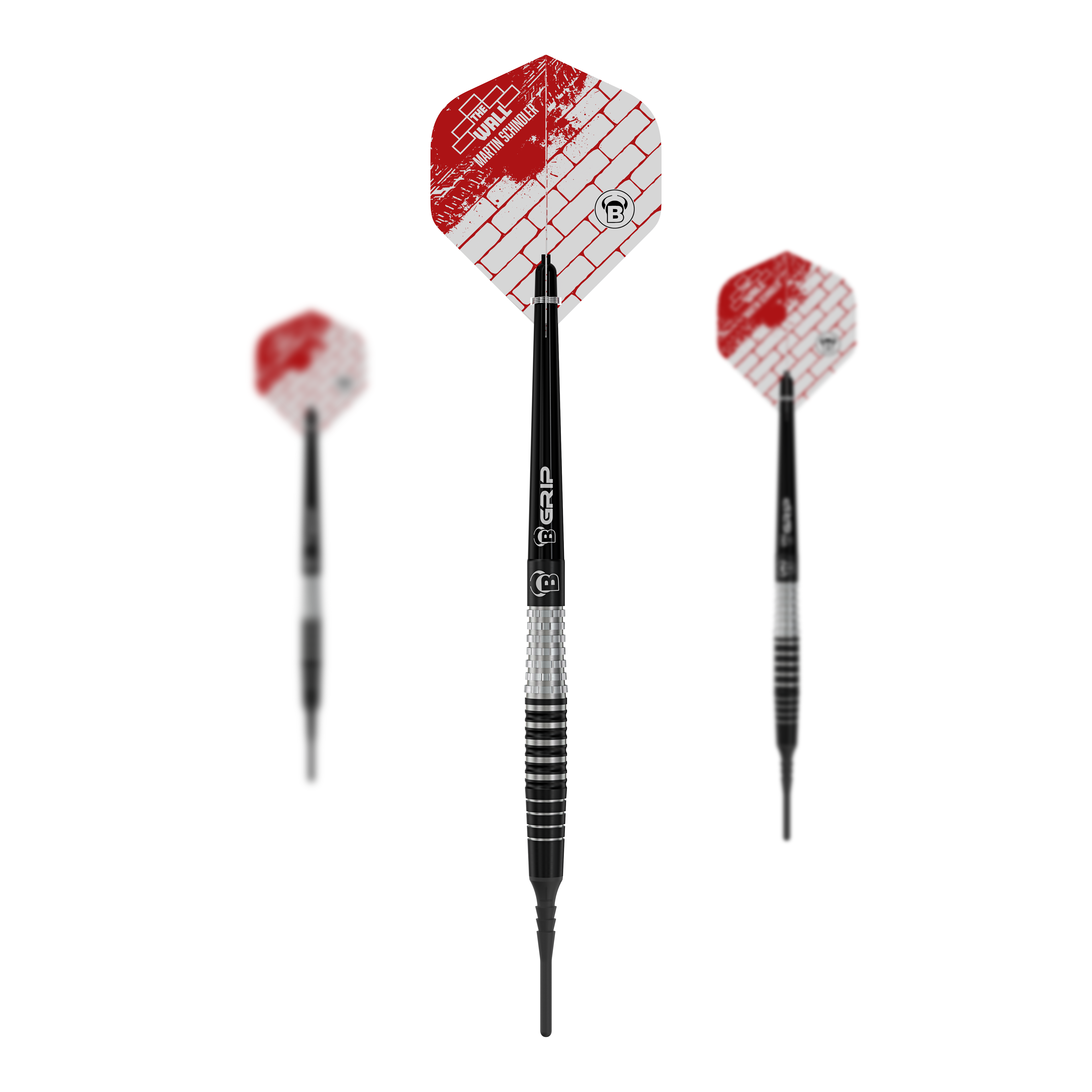 Das Bild zeigt drei Softdarts des Modells „Bulls Martin Schindler Original Generation 3“. Die Darts haben schwarz-silberne Schäfte und rot-weiße Flights mit Ziegelmuster.